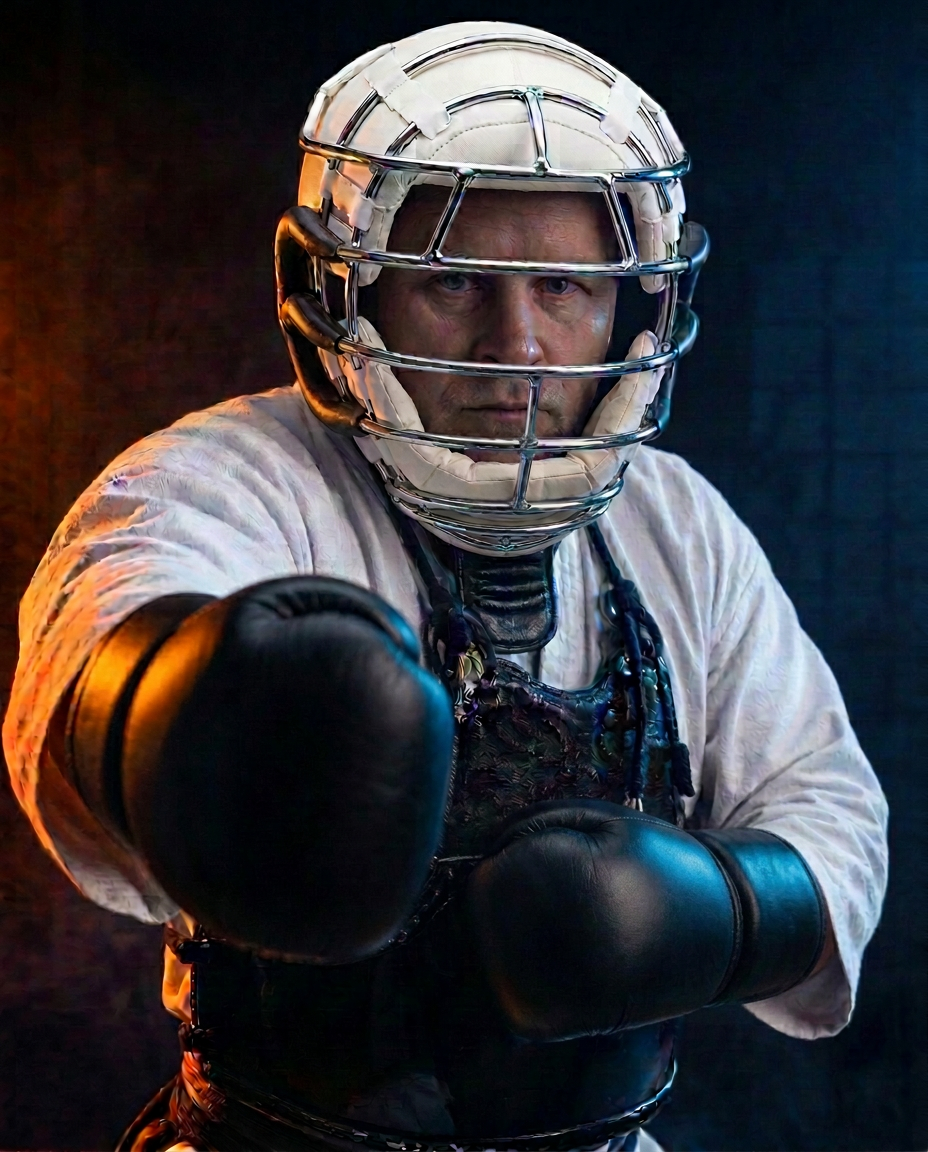 Nippon-Kempo-Kämpfer in voller Bogu-Rüstung